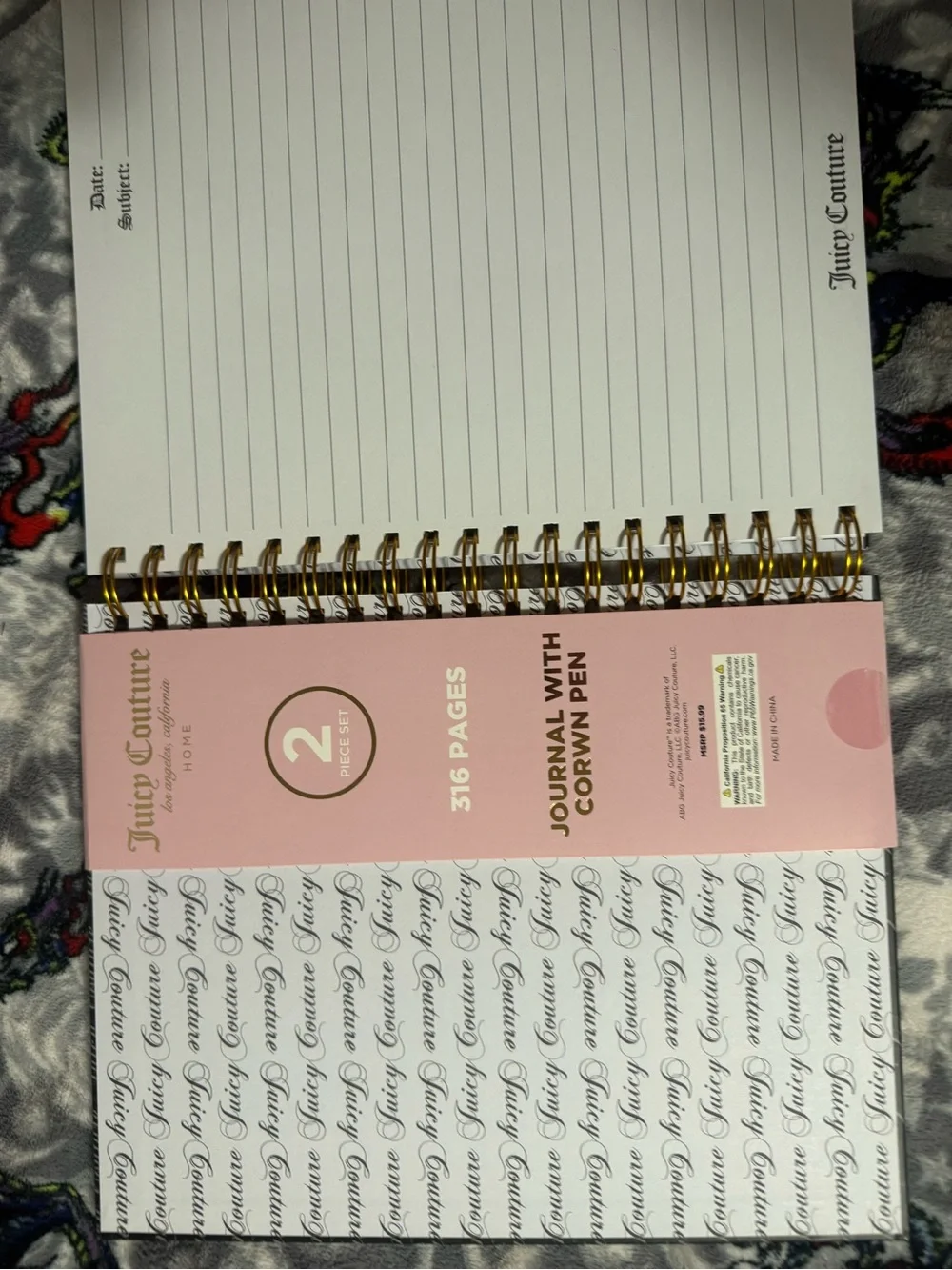 Juicy Couture Black & Pink Journal with Gold Crown Pen